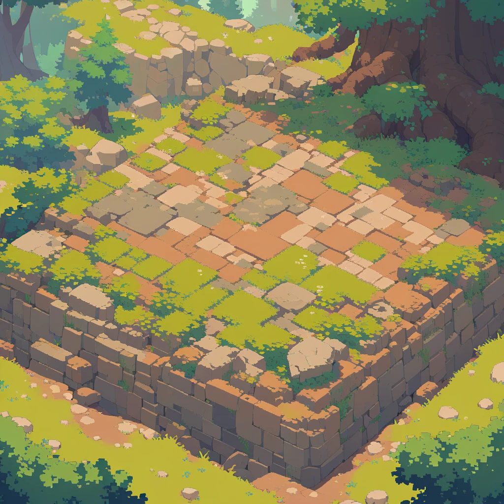 retro video game style,pixelated, vibrant pastel colors,8-bit characters,blocky shapes,sharp lines,detailed shading,classic gaming vibe,nostalgic atmosphere,classic arcade games,masterpiece:1.2,ultra-detailed,illustration style, 2d texture, clay texture, stone texture, 4 k seamless mud texture, video game texture, dirt texture, tileset, game tiles, clay material, flat texture, grass, trees, rock texture, rocky ground, forest, topdown view, game texture, game art, ground very detailed, dirt, floor texture, tileable texture, flowers, bushes, shrubs, intricate ground stone, top down view, 3/4th perspective