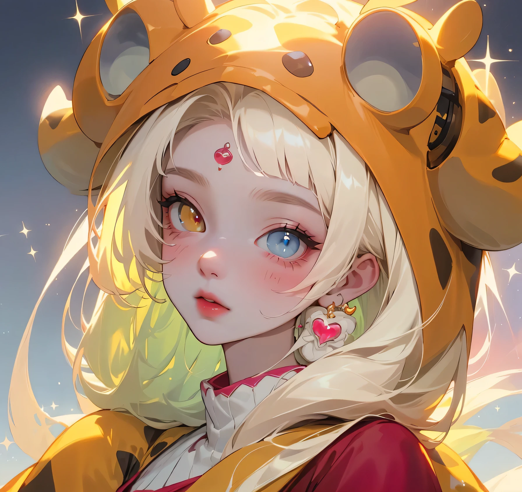 (high quality) (Best Quality) (Una Women) (correct physiognomy) (perfect pupils) (Perfect eyes) Women, crimson red hair, long collected in two buns with bangs on the forehead, eyes with heterochromia, one light red eye with a small heart in the iris and another eye with white color , sensitive lips, female appearance, soft facial features, thin eyebrows, soft skin, rosy cheeks, pink lips, silky eyelashes, dreamy expression, middle age, youth clothing, glitter sweatshirt, photo illuminated by sunlight, Women en un campo de girasoles