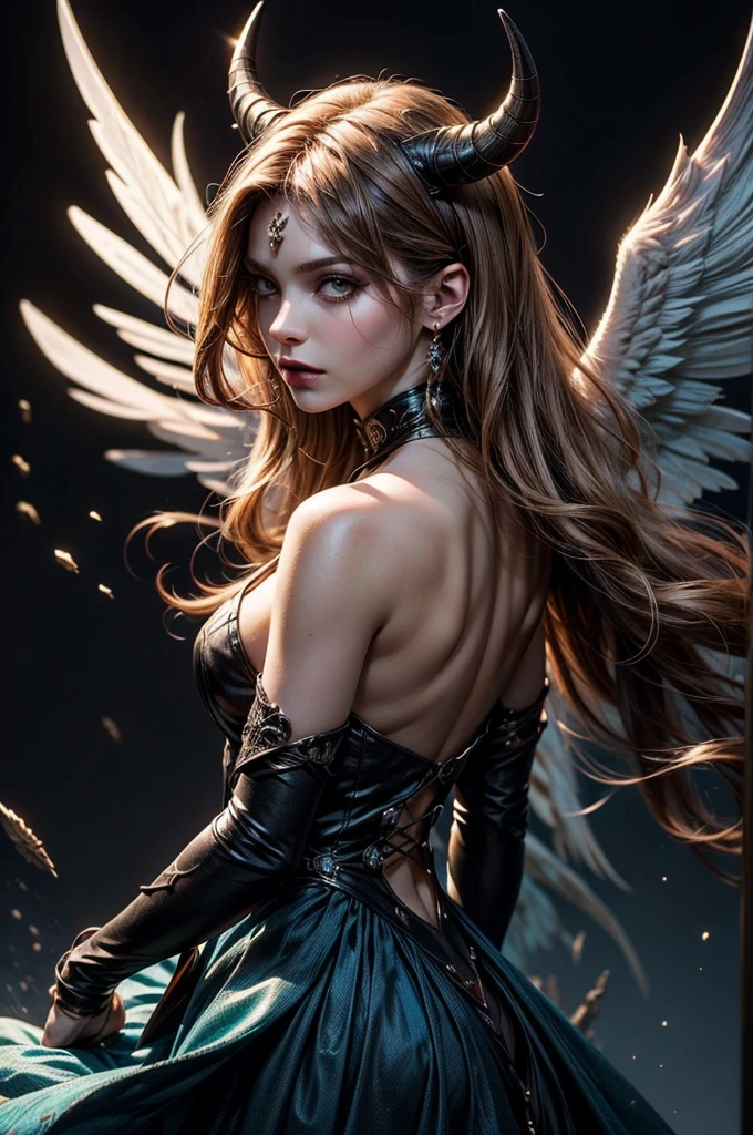 There is a beach there stand female , she have beatiful face and different eyes colour right red left is blue, with sexy dark make up, her right half of her hair is crimson red and left half is blond, she have demonic horn on right side of her head, also she have wings on her back, right wing is demonic and left angelic wing, she dressed in dres which is black sexy right side and white half on left part of a dress, (ultra high quality fantasy art, dark fantasy style, masterpiece, ultra high quality character design, 8k quality anime art, realistic anime art, top quality wallpaper illustration, detailed ultra high quality accurate face, high quality design and accurate physic)