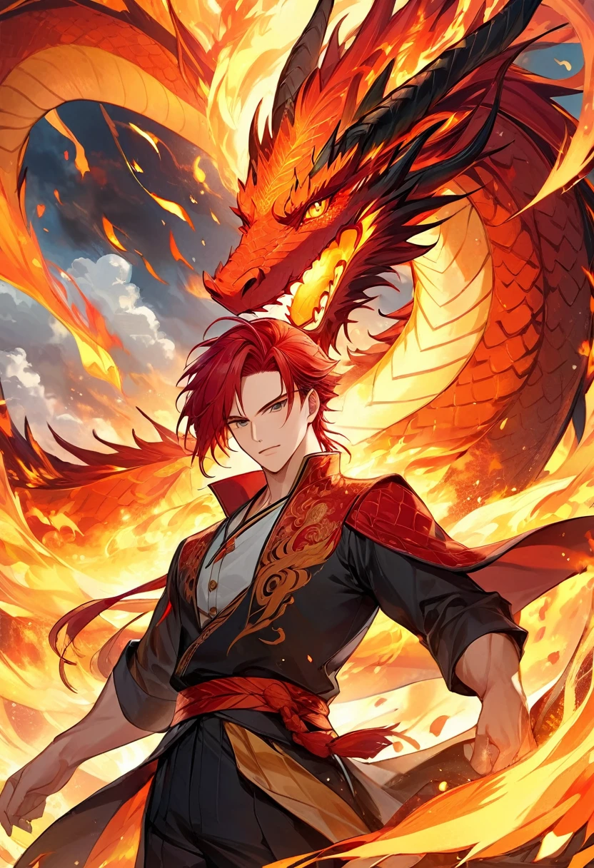 (Best quality,masterpiece),(extremely detailed:1.2),(perfect face:1.3),a handsome man surrounded with a fire dragon,handsome guy in demon slayer art,high quality anime illustration,human and dragon fusion, anime fantasy illustration, anime in fantasy style, (giant fire dragon:1.2), (man with the soul of a dragon),god of dragon,(fire mage), epic anime fantasy, anime fantasy artwork, red hair, mid20s
