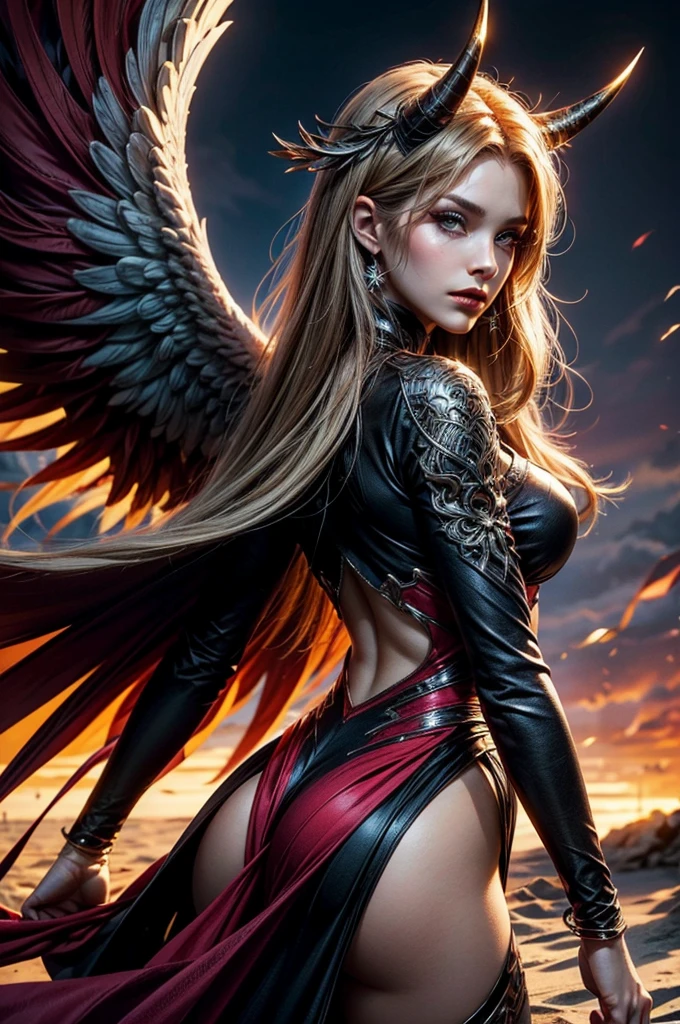 There is a beach there stand female , she have beatiful face and different eyes colour right red left is blue, with sexy dark make up, her right half of her hair is crimson red and left half is blond, she have demonic horn on right side of her head, also she have wings on her back, right wing is demonic and left angelic wing, she dressed in dres which is black sexy right side and white half on left part of a dress, (ultra high quality fantasy art, dark fantasy style, masterpiece, ultra high quality character design, 8k quality anime art, realistic anime art, top quality wallpaper illustration, detailed ultra high quality accurate face, high quality design and accurate physic)