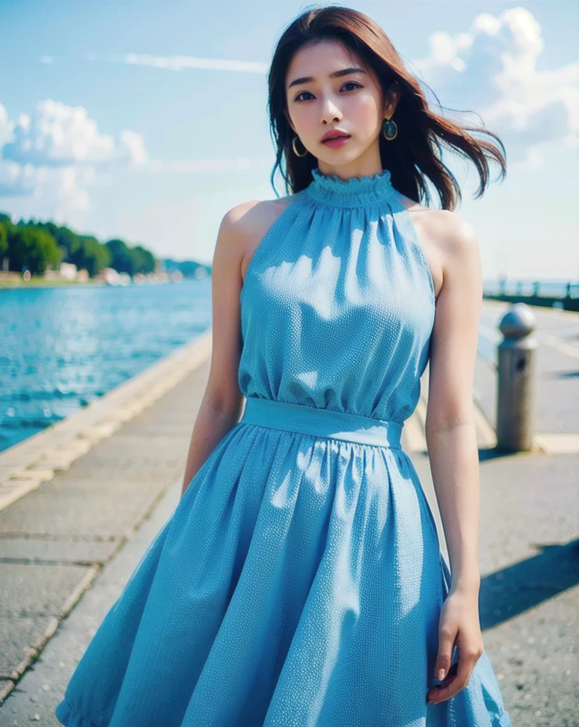 a woman posing on the street corner with light blue dress on, best quality, high res, 8K, 1girl, (huge breasts), day, bright, outdoor, (street:0.8), (people, crowds:1), (lace-trimmed dress:1.5, light blue clothes:1.5, blue high-neck dress:1.5, sleeveless dress, blue dress: 1.5), gorgeous, (forehead, medium hair), beautiful detailed sky, beautiful earrings, (dynamic pose:0.8), (upper body:1.2), soft lighting, wind, shiny skin, looking at viewer, pain,pained expression,  Tabletop, Highest quality, figure, Super detailed, In detail, High resolution, 8K壁紙, Perfect dynamic composition, Beautiful attention to detail, Bikini, Medium chest,Please place your hand on your chest