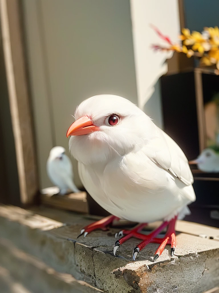 masterpiece , best quality, A white bird with a red beak is sitting on a tree branch, in the forest、 Pet Birds,  Albinomistic, Watching birds,   Cheeky look, birb, Pubic Pose, Intense albinism, Looking away from the camera, Just one、Red beak、Black Eyes、No cockscomb