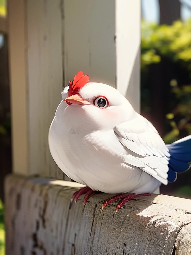 masterpiece , best quality, A white bird with a red beak is sitting on a tree branch, in the forest、 Pet Birds, Albinomistic, Watching birds, Cheeky look, birb, Pubic Pose, Intense albinism, Looking away from the camera, Just one、Red beak、Black Eyes、No cockscomb