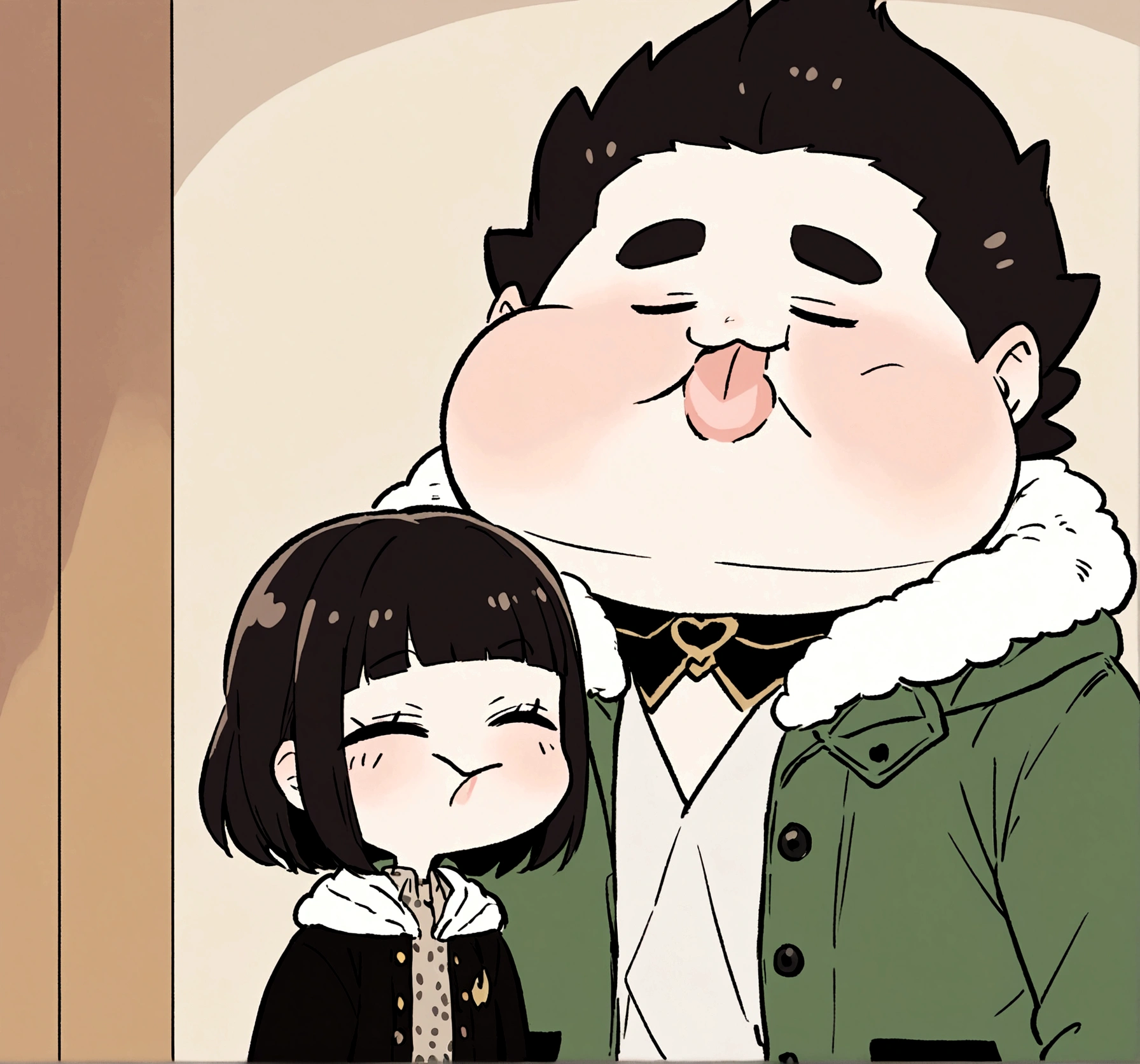 Cute couple mini anime boy pinch his jealous girl wearing same jacket and chubby cheeks
