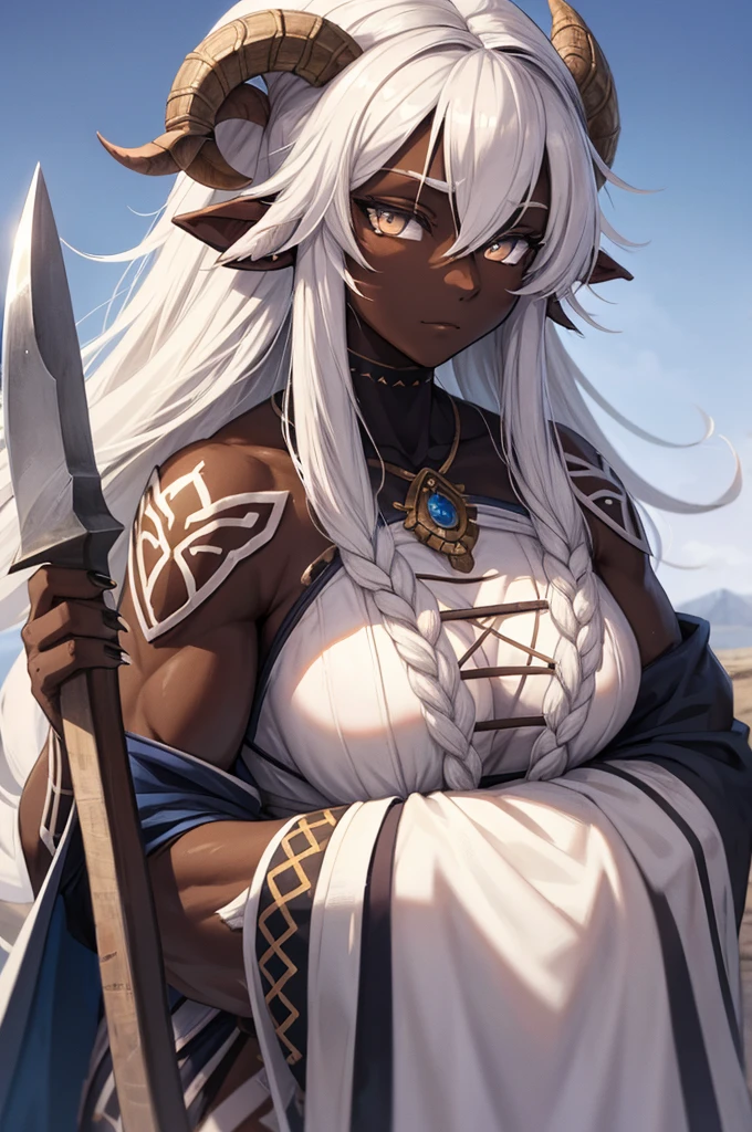 1 sheep woman, sheep's snout, shaman outfit, white hair, dark-skinned female, dark skin, anime art, holding an axe with both hands, muscular female, pointed nails, messy hair, white eyes, perfect eyes, original, (masterpiece), (illustration), (extremely fine and beautiful), perfect detailed, photorealistic, (beautiful and clear background:1.25), (depth of field:0.7)