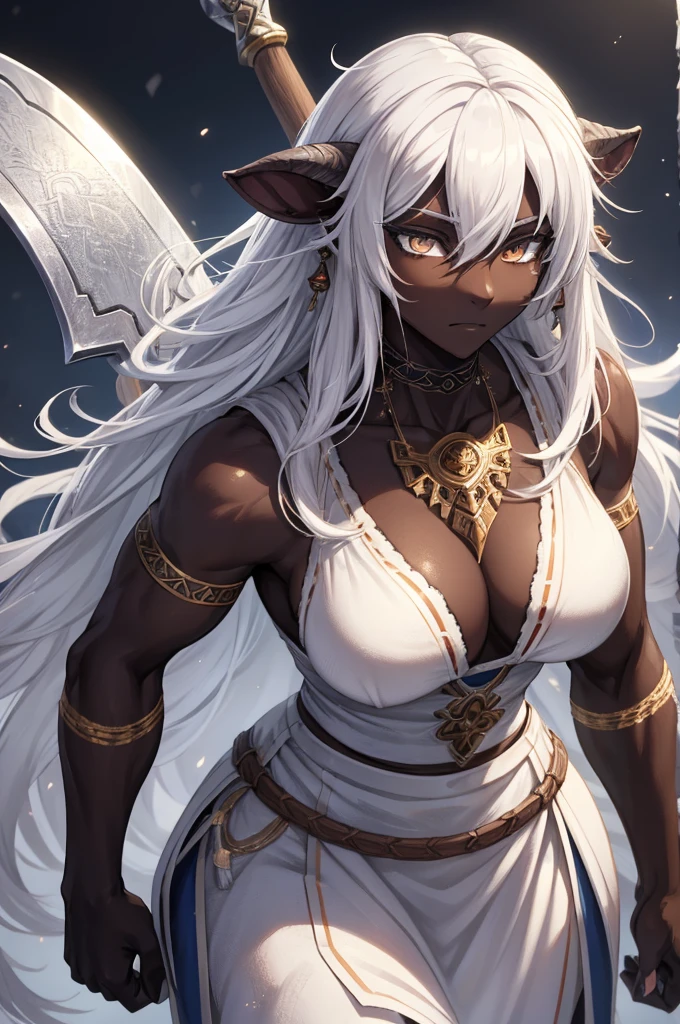 1 sheep woman, sheep's snout, shaman outfit, white hair, dark-skinned female, dark skin, anime art, holding an axe with both hands, muscular female, pointed nails, messy hair, white eyes, perfect eyes, original, (masterpiece), (illustration), (extremely fine and beautiful), perfect detailed, photorealistic, (beautiful and clear background:1.25), (depth of field:0.7)