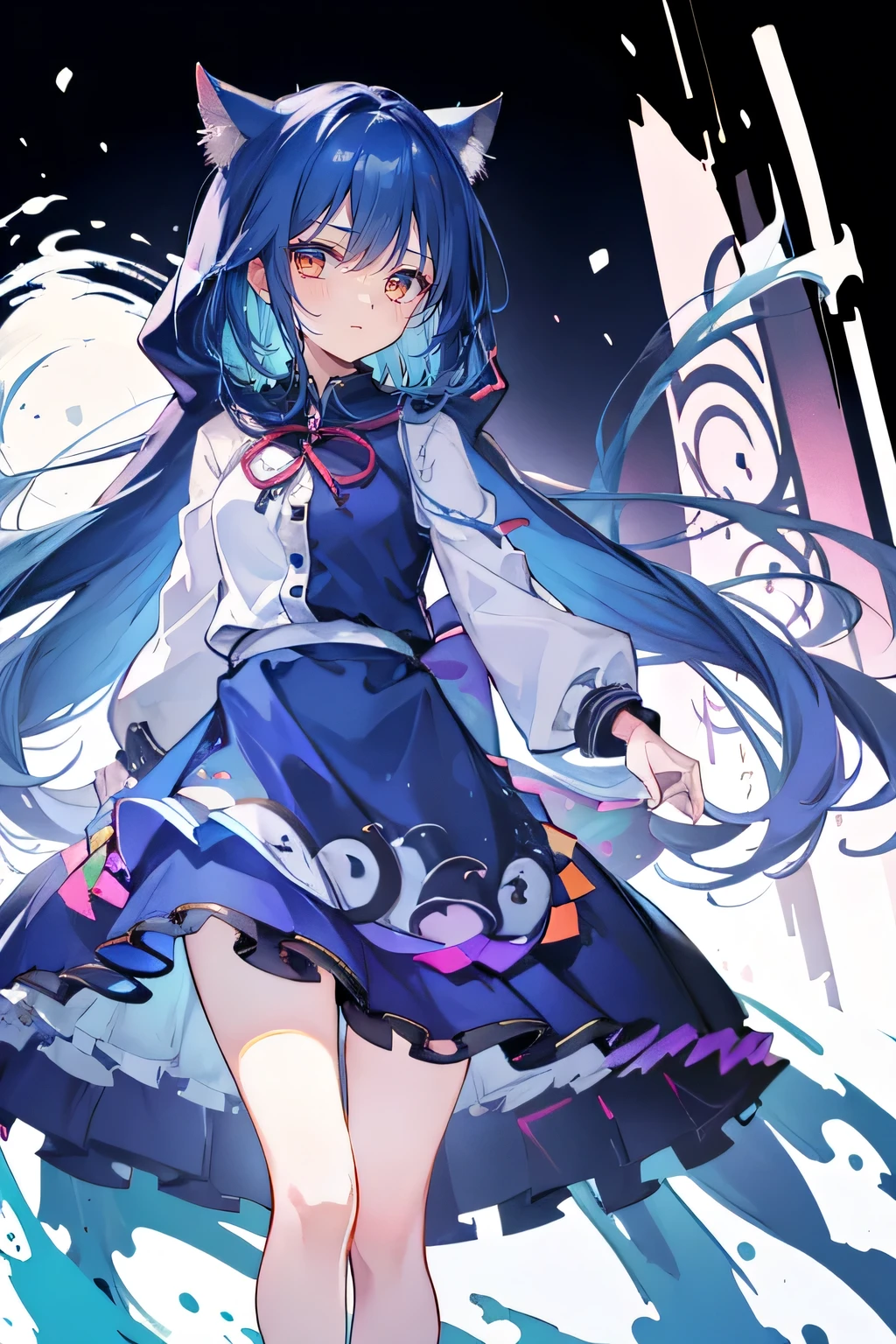 （masterpiece：1.2），Super detailed，lifelike，Expressive eyes，fair skin，perfect face shape，1 girl，
Japanese comics,Gorgeous blue hair,flowing blue hair,flowing clothes,Cat ears,Petals fall,beautiful lola,Baby Angel,
Shaking head with one hand，Cross your legs，Gentle and peaceful background，The pavilion is cool and comfortable,smile, wearing hoodie, background of tokyo,back views,snowing, winter,Girl about 17 years old，Wearing a Gothic Dress，With dark blue hair, fantasy, Random, Gothic fashion, zipper, Label, whole body, Three View .Create a masterpiece. When Worlds Collide. Swirling liquid cloud colorful paint, Paint drips, triple exposure photography style. illusory, Octane Rendering, Bright and eye-catching colors, Very cinematic, Very powerful photography