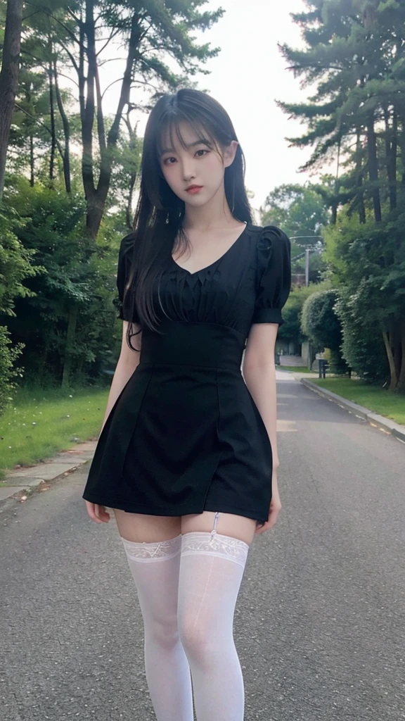 masterpiece,best quality,extremely detailed 8K wallpaper,1girl,black dress,white thighhighs,pov,looking at viewer,standing,upper body,outdoors,