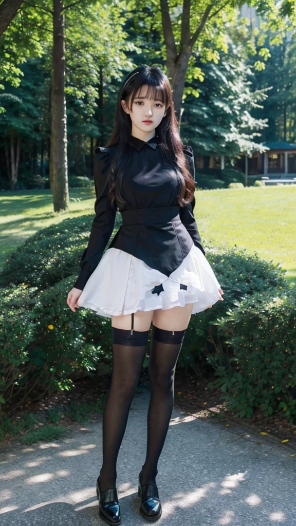 masterpiece,best quality,extremely detailed 8K wallpaper,1girl,black dress,white thighhighs,pov,looking at viewer,standing,upper body,outdoors,