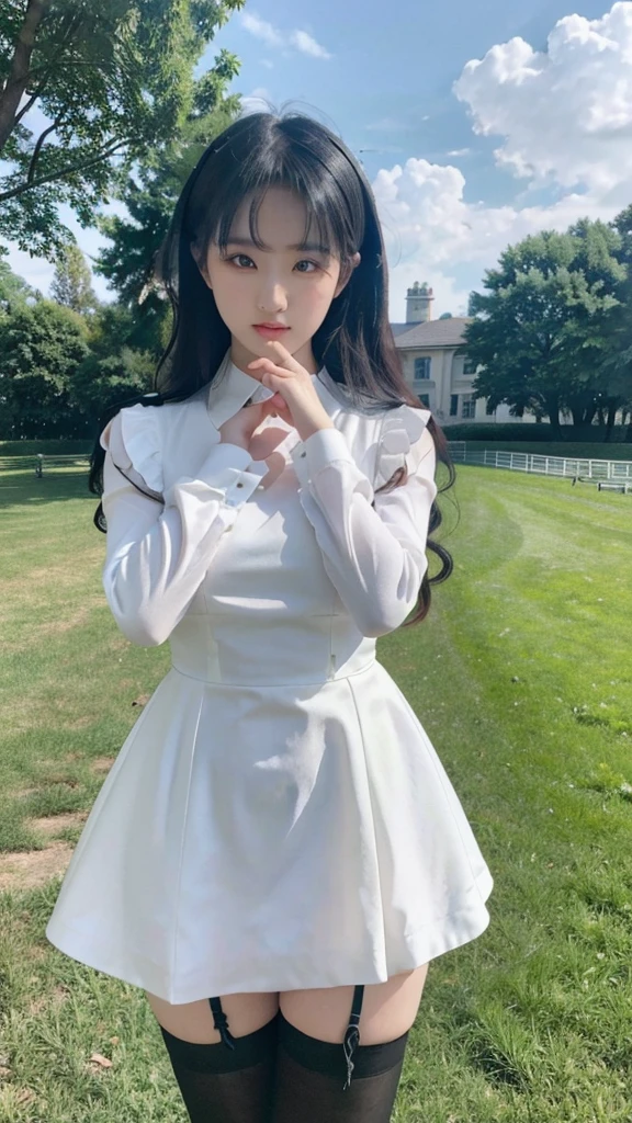 masterpiece,best quality,extremely detailed 8K wallpaper,1girl,black dress,white thighhighs,pov,looking at viewer,standing,upper body,outdoors,