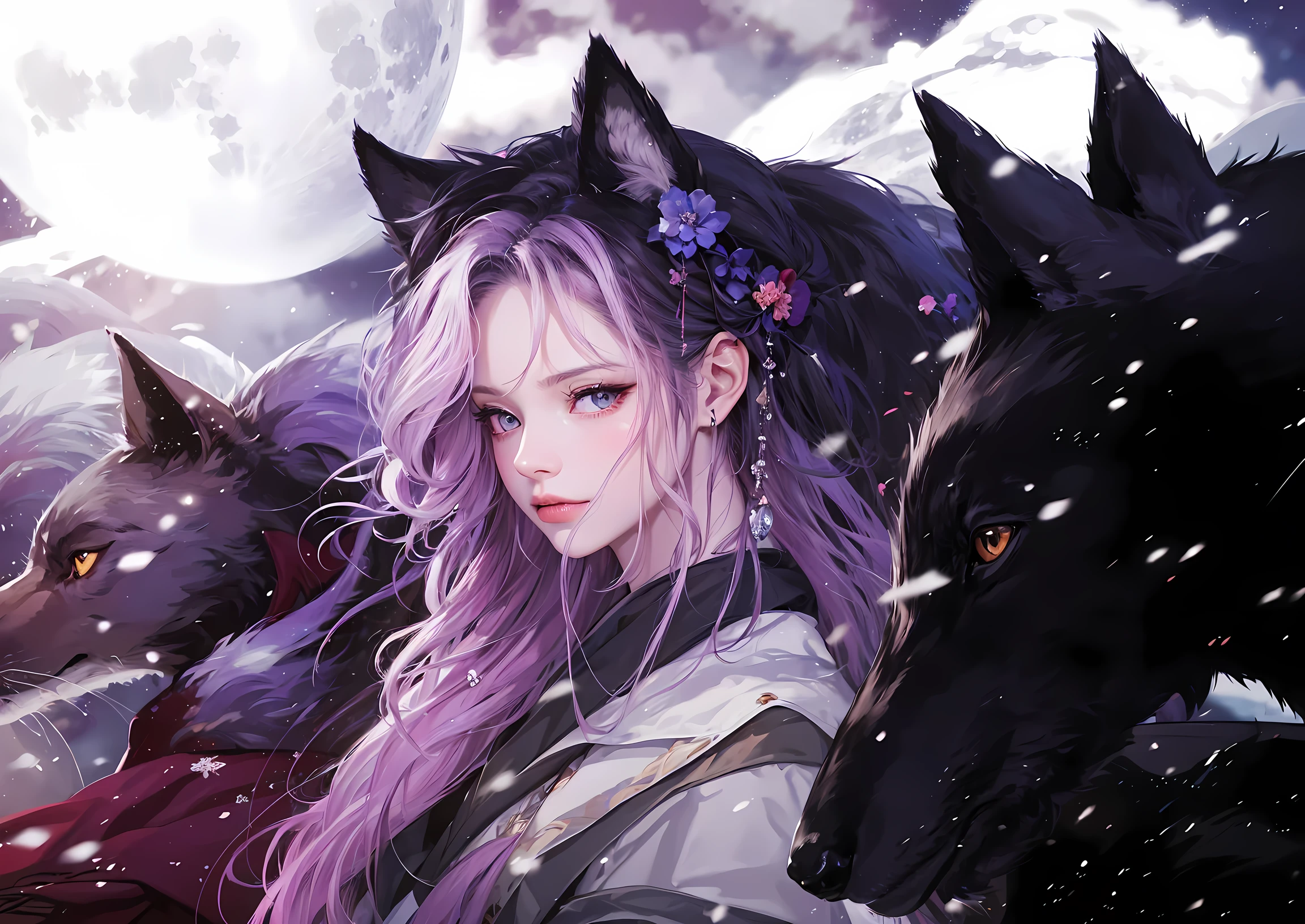 masterpiece, best quality, high quality, highres, ultra highres, wolf, wolf ear, snowing, nekomimi, kimono, flower hair ornament, wolfs, animal, full moon, cloudy, windy