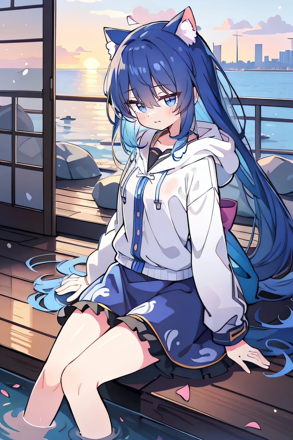 (masterpiece:1.2),Super detailed,lifelike,Expressive eyes,fair skin,perfect face shape,1 girl,
Japanese comics,Gorgeous blue hair,flowing blue hair,flowing clothes,Cat ears,Petals fall,beautiful lola,Baby Angel,sunrise,
Shaking head with one hand,Cross your legs,Gentle and peaceful background,The pavilion is cool and comfortable,smile, wearing hoodie, background of tokyo,back views,snowing, winter,seaside,wet clothes,A smile,A faint smile,。