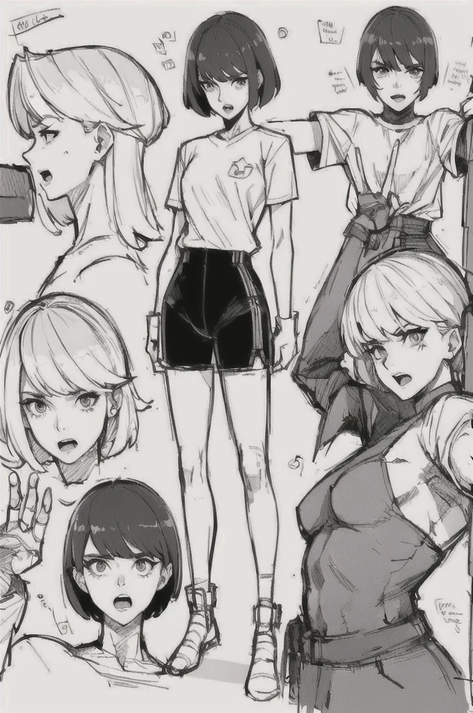 White simple t-shirt, Simple jeans,(((Dynamic pose))),((Open mouth expression)) , ((masterpiece)),(((Highest quality))),((((sketch)))),((Monochrome)),(Character design sheet), same characters, front, ~ side, return), figure, 1 girl, hair color, bangs, Short Hair, eye, Environmental change scene, Hairstyle Fax, Pose Jitai, woman, Shirt Chansey, star, Shartan Betalora, (simple returnground, white returnground: 1.3), --6
