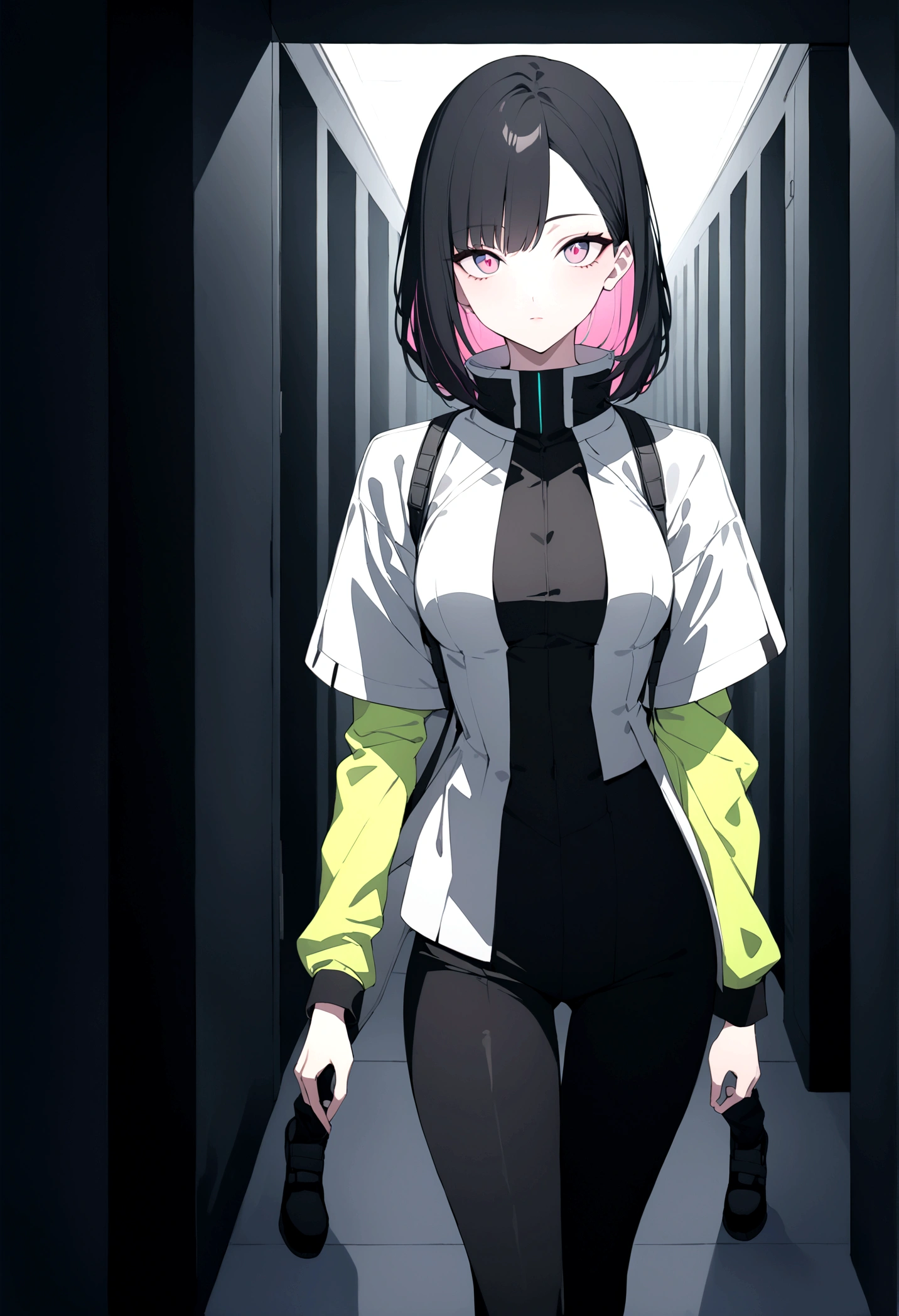 (masterpiece, 32k, 8k, white laboratory corridor setting, character walking towards the viewer) woman, 26 years old, naturally beautiful face, long black hair with pink highlights, cyberpunk outfit, different colored eyes, character speaking ( manga coloring)