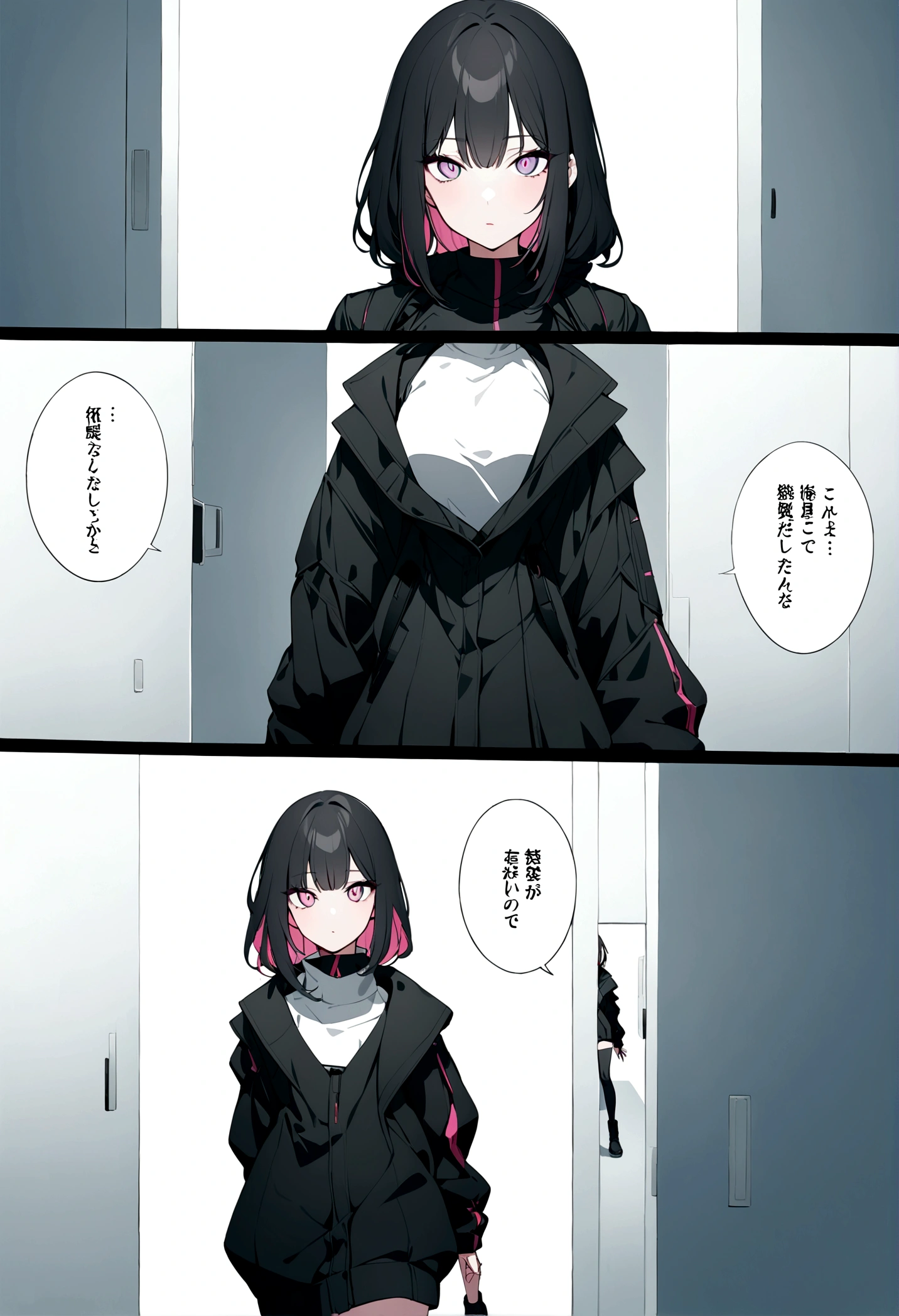 (masterpiece, 32k, 8k, white laboratory corridor setting, character walking towards the viewer) woman, 26 years old, naturally beautiful face, long black hair with pink highlights, cyberpunk outfit, different colored eyes, character speaking ( manga coloring)