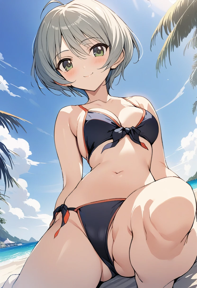 One girl,((Kaoru)),smile、Gentle expression、Tempting、The whole body is shown、Sandy Beach、Ocean、blue sky、wariza、Cute string bikini,from below,A complete depiction of the human body,masterpiece, Highest quality, Game CG, ultra detailed、highres、extremely detailed CG