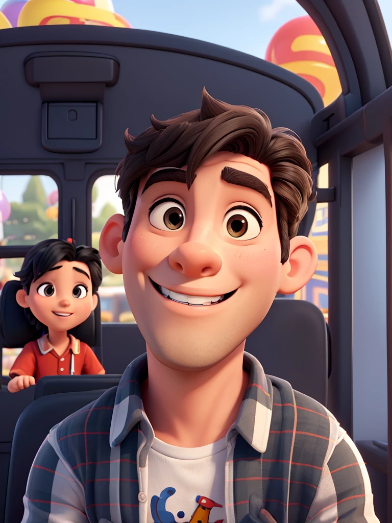 Create disney style illustration of man driving a small school bus, The man should be happy with perfect teeth and somewhat muscular but thin in casual clothes, straight hairstyle black hair. Add colorful birthday balloons. must be driving the bus as a driver. Add a movie title that says “happy birthday uncle king”