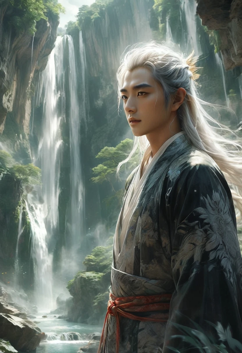 solo,(elder:1.2),(eyes_closed:1.2),kindly,mountain deity,freehand landscape painting,a male image,peak,waterfall,waterfall,gods,immortal,giant gods and mountains merge into one,white hair,white beard,white eyebrows,wrinkle,, masterpiece,best quality,highly detailed,Amazing,finely detail,extremely detailed CG unity 8k wallpaper,score:>=60,, beautiful detailed eyes,Fine hair texture,, incredibly absurdres,wallpaper,realistic,real,photo,landscape,foreshortening,xianxia
