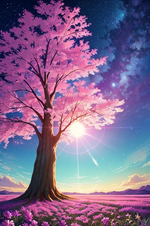 surreal drawing ,the disk of the sun descends towards the horizon, painting the sky in swirls of purple, pink and azure. Puffy clouds, like mythical creatures, drifting in slow motion. emerald fields, strewn with colorful flowers, flickering in the golden light of the setting sun. trees, as if in ecstasy, branches stretch to the heavenly body, and the leaves shimmer with crimson. Frozen animals, as if enchanted by night magic.