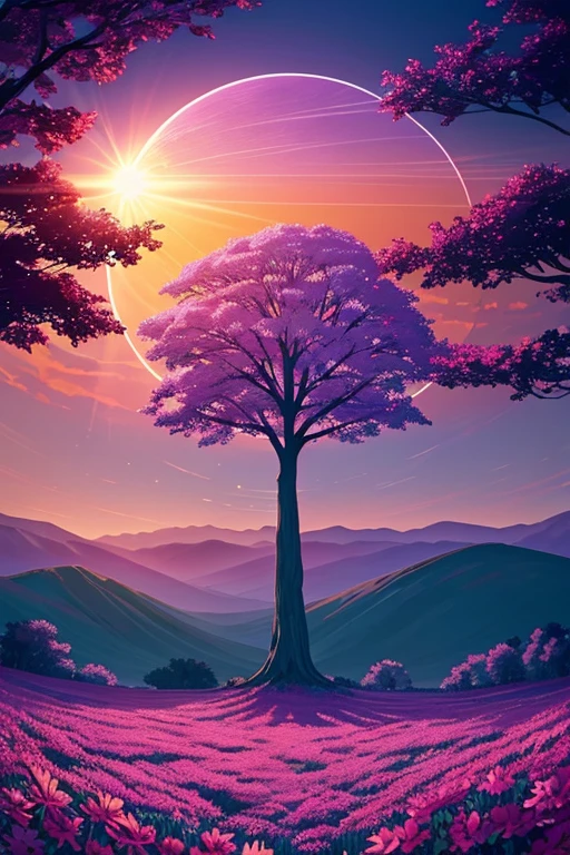 surreal drawing ,the disk of the sun descends towards the horizon, painting the sky in swirls of purple, pink and azure. Puffy clouds, like mythical creatures, drifting in slow motion. emerald fields, strewn with colorful flowers, flickering in the golden light of the setting sun. trees, as if in ecstasy, branches stretch to the heavenly body, and the leaves shimmer with crimson. Frozen animals, as if enchanted by night magic.