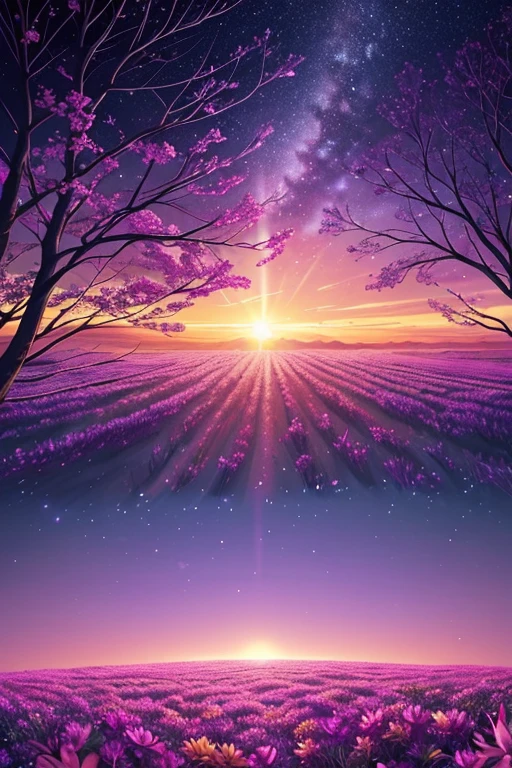 surreal drawing ,the disk of the sun descends towards the horizon, painting the sky in swirls of purple, pink and azure. Puffy clouds, like mythical creatures, drifting in slow motion. emerald fields, strewn with colorful flowers, flickering in the golden light of the setting sun. trees, as if in ecstasy, branches stretch to the heavenly body, and the leaves shimmer with crimson. Frozen animals, as if enchanted by night magic.