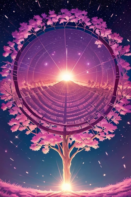 surreal drawing ,the disk of the sun descends towards the horizon, painting the sky in swirls of purple, pink and azure. Puffy clouds, like mythical creatures, drifting in slow motion. emerald fields, strewn with colorful flowers, flickering in the golden light of the setting sun. trees, as if in ecstasy, branches stretch to the heavenly body, and the leaves shimmer with crimson. Frozen animals, as if enchanted by night magic.