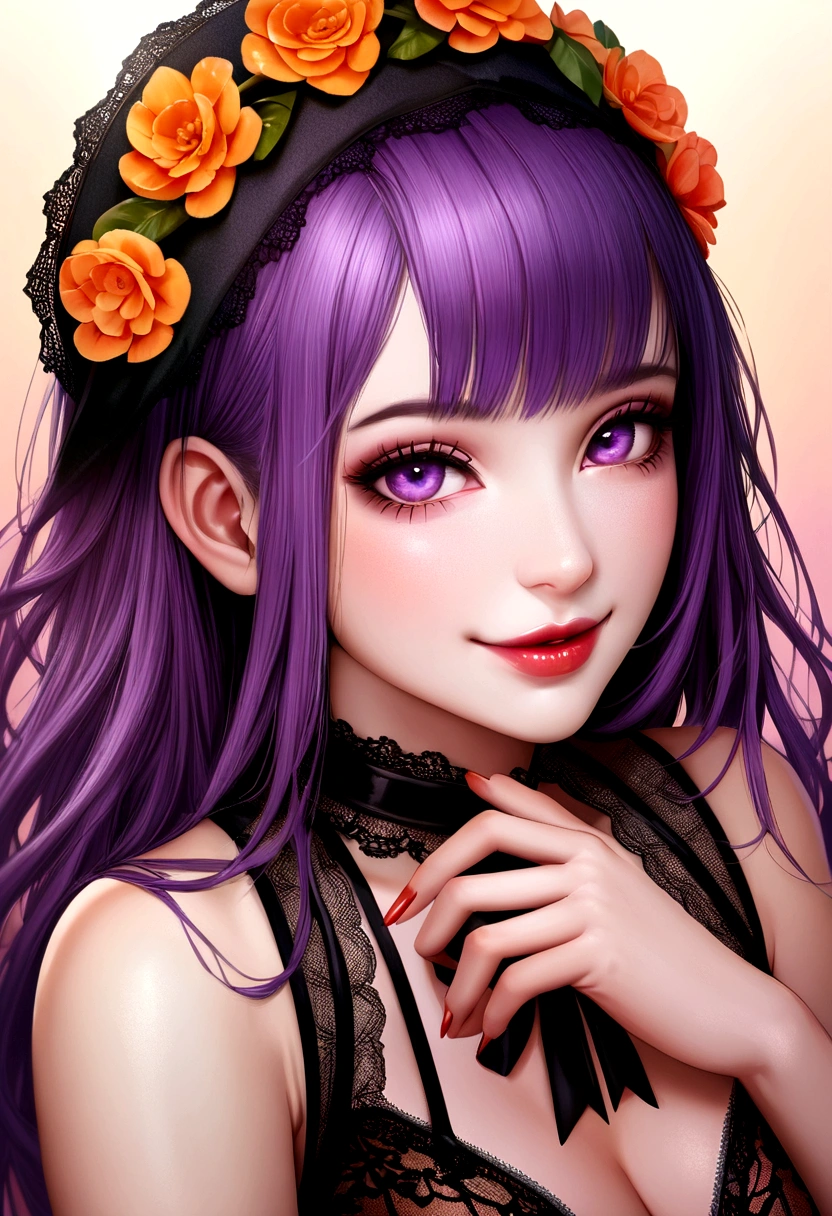 Ultra realistic girl, smilling face, orange and pink ombre flower background, portraite, halloween, Gothic, melhorar, flowing purple hair, garter belt, beautiful lace panties without fail, Sweet and sexy, seductively pose