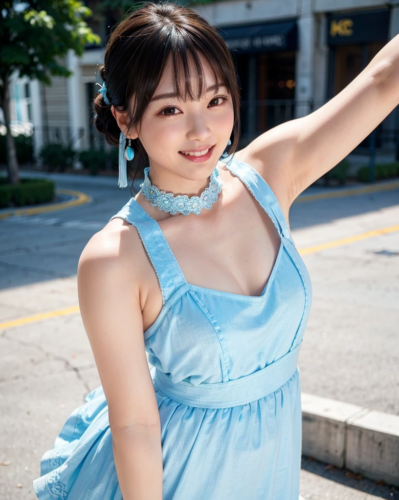 a woman posing on the street corner with light blue dress on, best quality, 1girl, large breasts, day, bright, blur background, bokeh, outdoor, (street:0.8), (people, crowds:1), (lace-trimmed dress:1.5, sleeveless dress, light blue clothes, light blue high-neck dress:1.2, blue dress: 1.5), gorgeous, (short hair, forehead:1.2), beautiful detailed sky, earrings, (dynamic pose:1.2), (upper body:0.8), soft lighting, wind, shiny skin, smile, Tabletop, Highest quality, figure, Super detailed, In detail, High resolution, 8k wallpaper, Perfect dynamic composition, Beautiful attention to detail, Bikini, Medium chest,Please place your hand on your chest