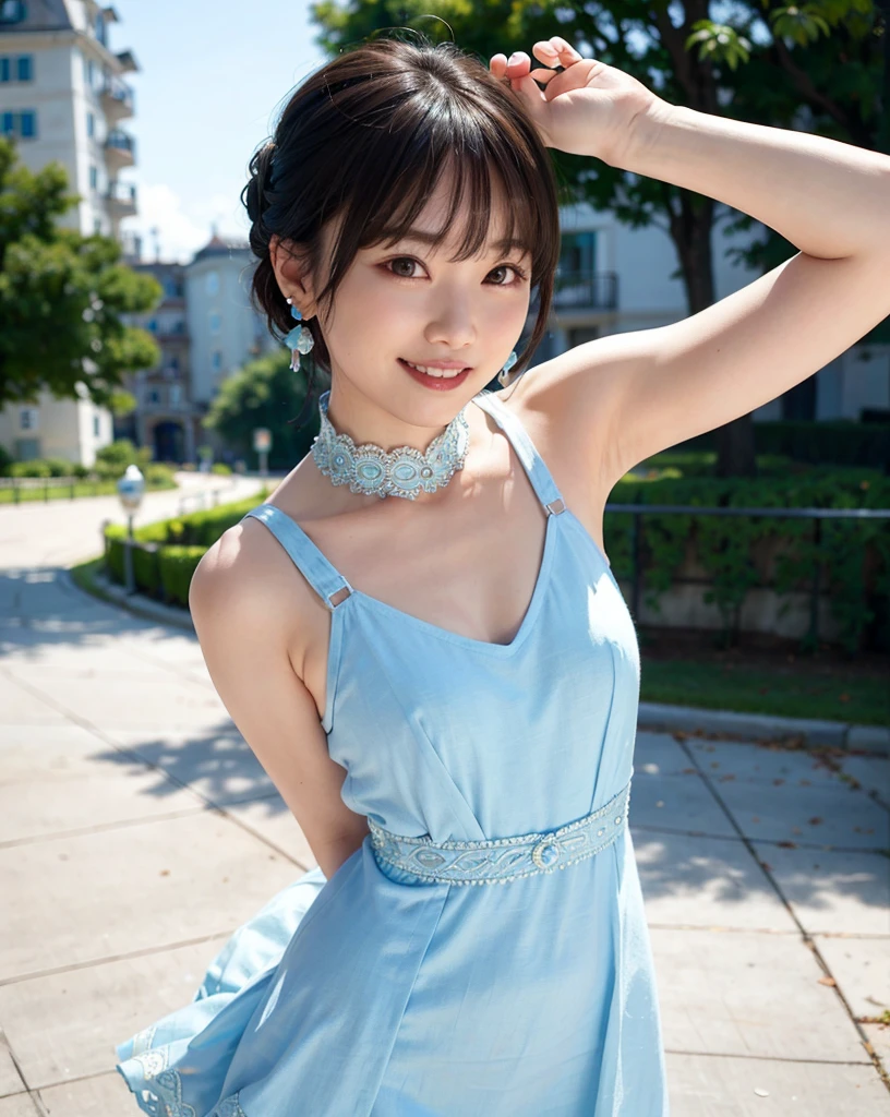 a woman posing on the street corner with light blue dress on, best quality, 1girl, large breasts, day, bright, blur background, bokeh, outdoor, (street:0.8), (people, crowds:1), (lace-trimmed dress:1.5, sleeveless dress, light blue clothes, light blue high-neck dress:1.2, blue dress: 1.5), gorgeous, (short hair, forehead:1.2), beautiful detailed sky, earrings, (dynamic pose:1.2), (upper body:0.8), soft lighting, wind, shiny skin, smile, Tabletop, Highest quality, figure, Super detailed, In detail, High resolution, 8k wallpaper, Perfect dynamic composition, Beautiful attention to detail, Bikini, Medium chest,Please place your hand on your chest