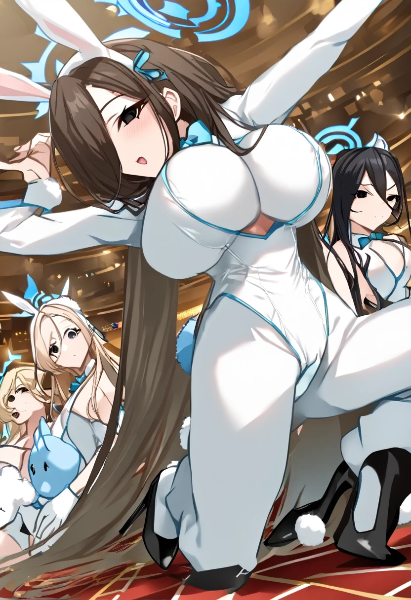 ((4girls))、bunny girl、white rabbit ears、wrist cuffs、black leotard、sagging breast、(milf、Mature Woman:1.3)、Black fishnet stockings、garter belt、blue_archive、(((Ichinose Asuna、Blonde、long hair、hair over one eye、Light blue bunny suit)))、(((Ganyu Ako、Light blue hair、Short Hair、Light blue eyes、Light blue bunny suit)))、(((Hasumi Hakawa、Black Hair、long hair、Black Eyes、White bunny suit)))、Halo、casino、casino、casinoテーブル、Black high heels