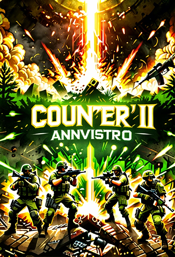 Prompt: Create a celebratory poster for the 25th anniversary of the Counter-Strike franchise, a game created by Valve that has significantly impacted the history of first-person shooters (FPS). The poster should have a dynamic and visually striking design, highlighting iconic elements from the game series.
Style and Details:
• Central focus on a group of classic Counter-Strike characters in dynamic action poses, including counter-terrorists and terrorists.
• Background featuring a montage of iconic maps and locations from various iterations of the game, such as Dust II, Nuke, and Inferno.
• Use of bold and vibrant colors, including the signature Counter-Strike palette of greens, yellows, and blacks.
• Incorporate the Counter-Strike logo prominently, along with the Valve logo, emphasizing the game’s developer.
• Include a large “25 Years” text in a modern, sleek font to mark the anniversary.
• Elements of explosions, bullet casings, and tactical gear to add intensity and excitement to the composition.
• High-quality, ultra-detailed rendering with a mix of realism and stylized graphics that reflect the evolution of the game’s visuals over the years.
• Include the tagline “Celebrating 25 Years of Tactical Excellence” at the bottom of the poster.
Additional Elements:
• Subtle references to key moments and achievements in the game’s history.
• Incorporate dynamic lighting and shadow effects to create depth and drama.
• The overall style should evoke a sense of nostalgia while also looking forward to the future of the franchise.
Example Layout:
• Central characters in action at the forefront.
• Background montage of maps and locations.
• Prominent “25 Years” text and logos.
• Tagline at the bottom.
• Explosions, bullet casings, and tactical gear elements throughout.