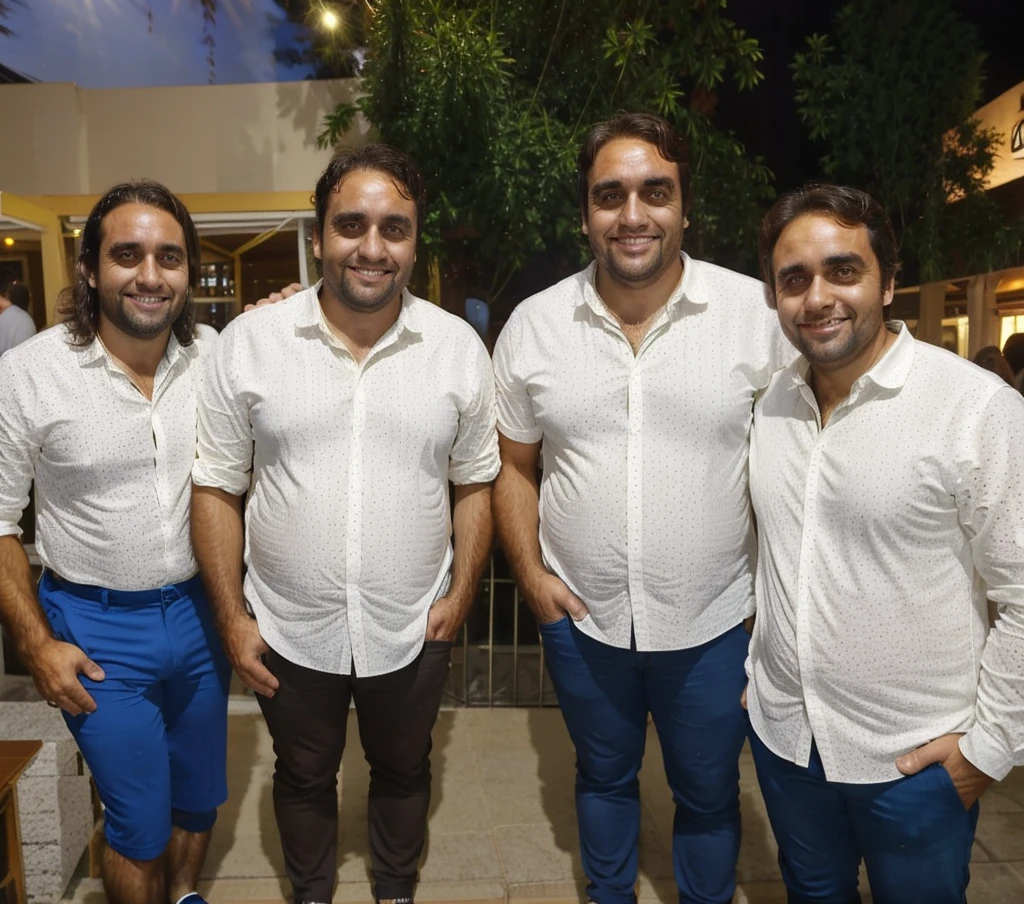 a 40-year-old man, handsome, brown eyes and hair, 95kg, full body, sunglasses, realistic, ultra-detailed, vivid colors, professional lighting, portrait, With friends at a party