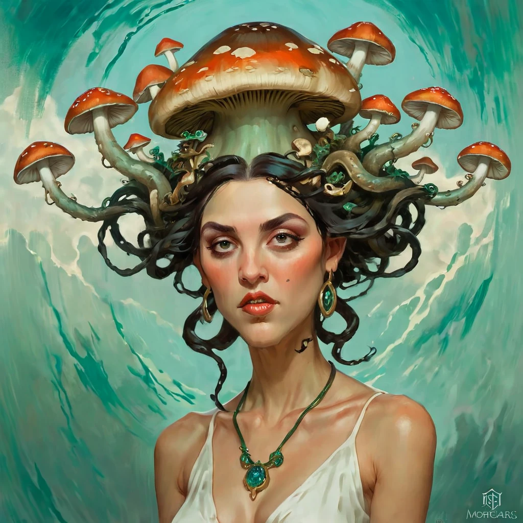 there is a painting of a woman with mushrooms on her head, lovecraft art, inspired by lovecraft, mohrbacher, lovecraft illustration, in style of peter mohrbacher, male medusa, in the art style of mohrbacher, inspired by Peter Mohrbacher, inspired by H.P. Lovecraft, fungal god, medusa portrait painting, peter mohrbacher style