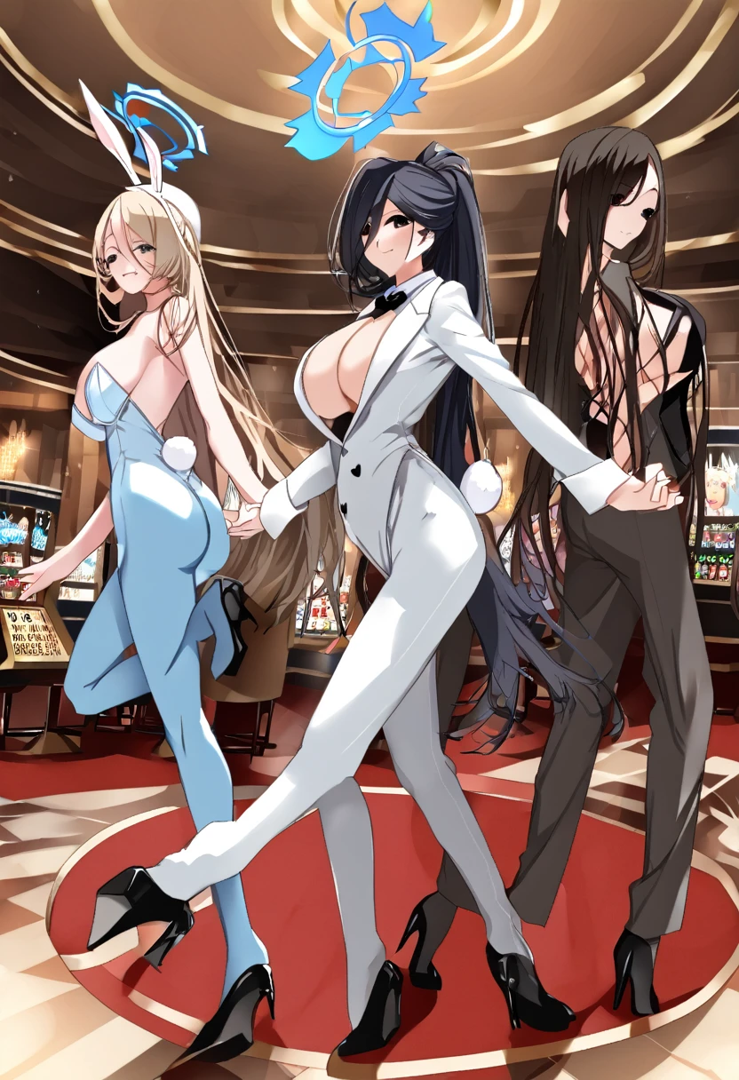 ((3girls))、bunny girl、white rabbit ears、wrist cuffs、black leotard、sagging breast、(milf、Mature Woman:1.3)、Black fishnet stockings、garter belt、blue_archive、(((Ichinose Asuna、Blonde、long hair、hair over one eye、Light blue bunny suit)))、(((Ganyu Ako、Light blue hair、Short Hair、Light blue eyes、Light blue bunny suit)))、(((Hasumi Hakawa、Black Hair、long hair、Black Eyes、White bunny suit)))、Halo、casino、casino、casinoテーブル、Black high heels