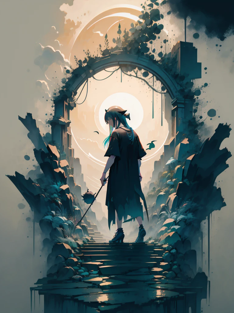 2D t-shirt art, witch, epic illustration, vector, 2d illustration, black backdrop, grayscales, modern colors full gradients, focused, from front view