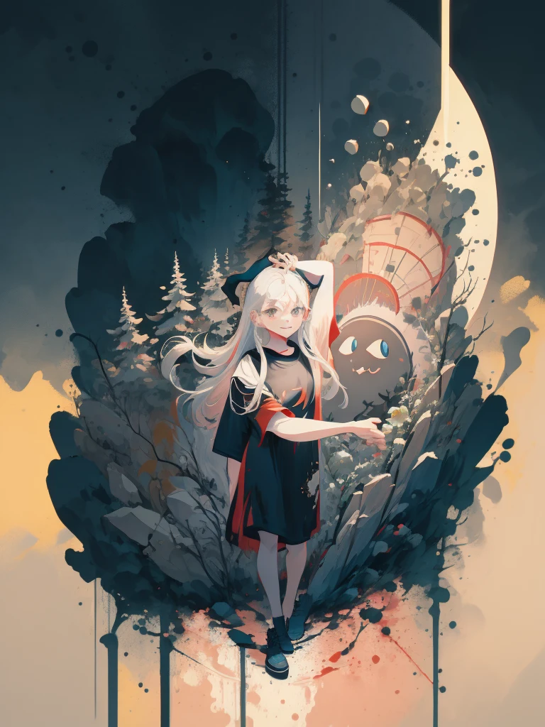 2D t-shirt art, witch, epic illustration, vector, 2d illustration, black backdrop, grayscales, modern colors full gradients, focused, from front view