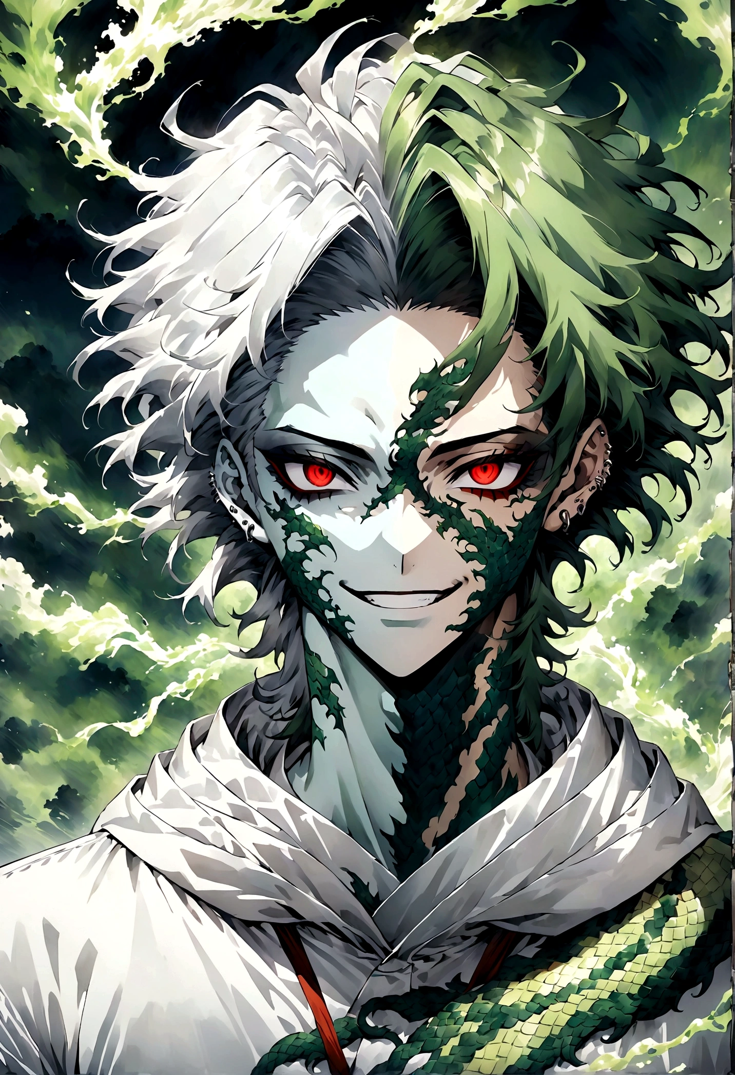 Generate an anime-style illustration of a teenage male character with the appearance of a Gorgon. He should have pale skin, sharp facial features, and a monstrous look, with green scales covering parts of his face and body. His hair should be made entirely of slender, elegant white snakes with subtle green highlights, all oozing a green liquid aura. The snakes should have piercing red eyes. The character should be wearing a white trench coat hoodie with accents of green, creating a harmonious green and white color theme. He should have a sinister grin on his face. Please ensure that the overall aesthetic remains true to traditional anime art style.