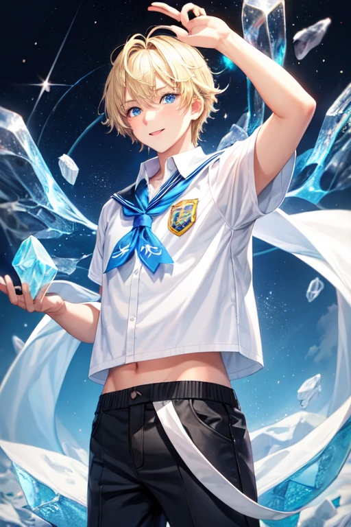 20 year old male , light blonde hair, blue colored eyes, school outfit holding magic ice