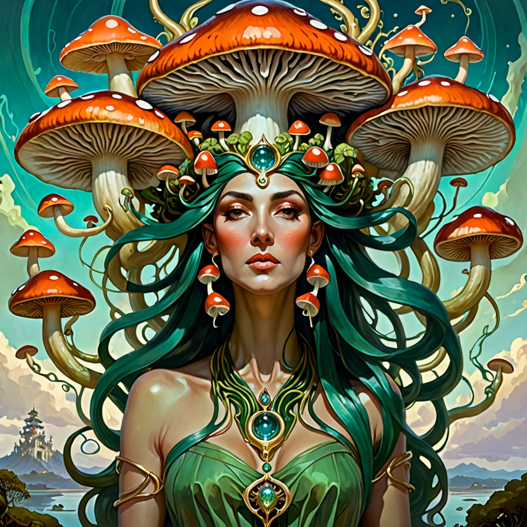 there is a painting of a woman with mushrooms on her head, a surrealist painting inspired by lovecraft, Artstation contest winner, psychedelic art, lovecraft art, mohrbacher, lovecraft illustration, in style of peter mohrbacher, male medusa, in the art style of mohrbacher, fungal god, peter mohrbacher style, medusa portrait painting