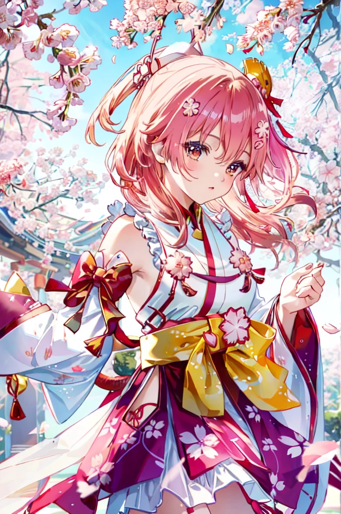best quality, intricate details,sakura miko, [(white background:1.5), ::5],  swirling petals, sakura cherry blossoms,