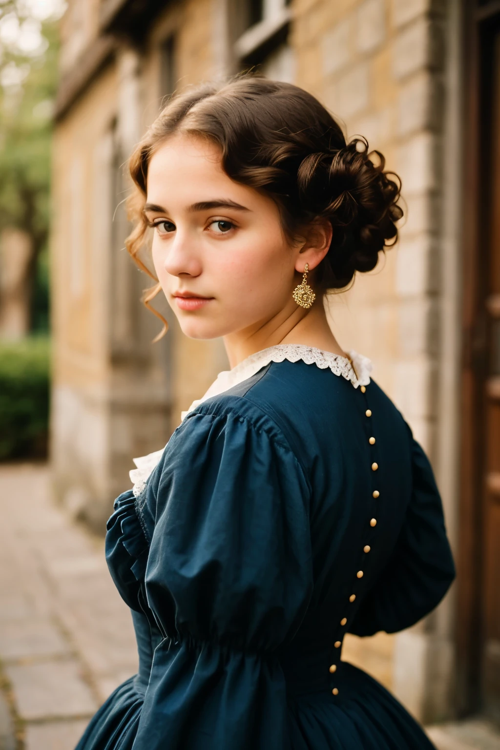 (a closeup of a beautiful 15 year old girl on a 19th century street in a vintage dress), (Serious:0.5), (Very detailed face:1.4), ass point of view, Nikon D850, film stock photography, 4 Kodak Portra 400, f1 camera.6 lenses, saturated colors, Hyper realistic, realistic texture, dramatic lighting, Cinestill 800, 19th century Victorian style, evening, vintage lighting, medium curly hair