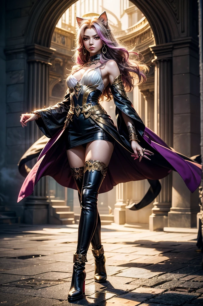 There is lost coliseum there stand female lioness in battle stance, she have ebony colour skin beautiful yellow cat eyes dark gold eyeshadows make up, ring style earrings, her hair is purple with pink highlights . she dressed in white neather topic with golden parts on countures also short and white leather straps on her cat legs instead of boots, her hands have hude ruby claws on her fingers, (ultra high quality fantasy art, anime fantasy style, masterpiece, ultra high quality character design, 8k quality anime art, realistic anime art, top quality wallpaper illustration, detailed ultra high quality accurate face, high quality design and accurate physic)