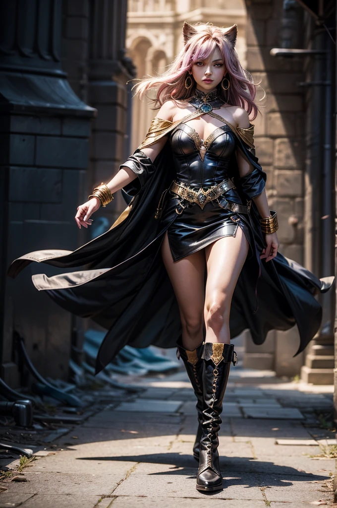There is lost coliseum there stand female lioness in battle stance, she have ebony colour skin beautiful yellow cat eyes dark gold eyeshadows make up, ring style earrings, her hair is purple with pink highlights . she dressed in white neather topic with golden parts on countures also short and white leather straps on her cat legs instead of boots, her hands have hude ruby claws on her fingers, (ultra high quality fantasy art, anime fantasy style, masterpiece, ultra high quality character design, 8k quality anime art, realistic anime art, top quality wallpaper illustration, detailed ultra high quality accurate face, high quality design and accurate physic)