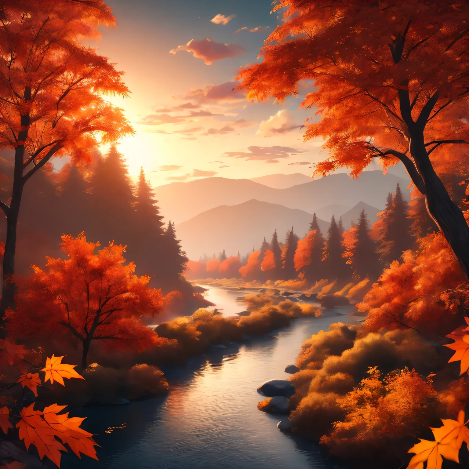 River, sunset, maple license, maple tree, autumn, Backlight, (Masterpiece),((ultra detailed)), (highly detailed CG illustration),(Expressionless), (Best Quality:1.2), High quality texture, intricate details, Detailed texture, High quality shadow, cinematic light, depth of field, light source contrast, perspective,20 years, (ulzzang-6500-v1.1:0.5)