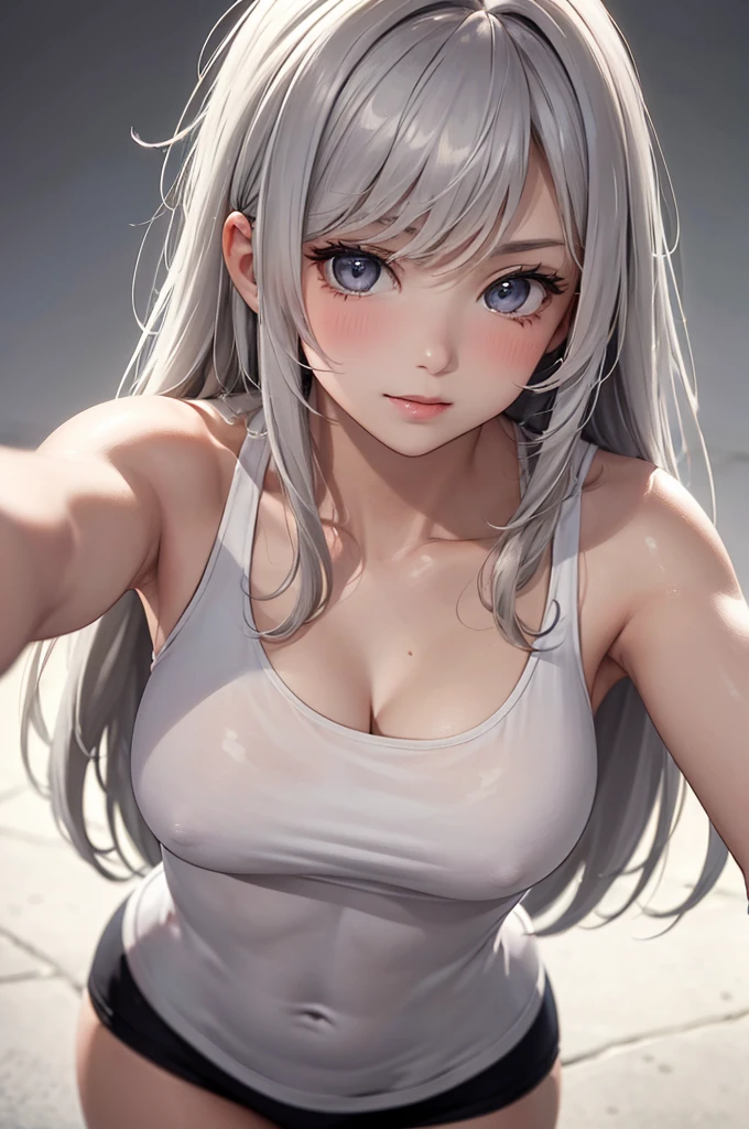 (Best Quality,High resolution,8K,finelity detailed background,Masterpiece:1.2),beautiful girl,Glossy romance gray hair,messy hair,Gray eyes,Gentle look,A refreshing look,Best quality,Best Quality,Aesthetic and aesthetic:1.2,Best details((Super detailed))(High-definition CG illustrations),Tank top,Training wear,Slender body,Training Gym,smile,blush,cute,Scrounge,Looking up,Being spoiled,super model,shoot from above