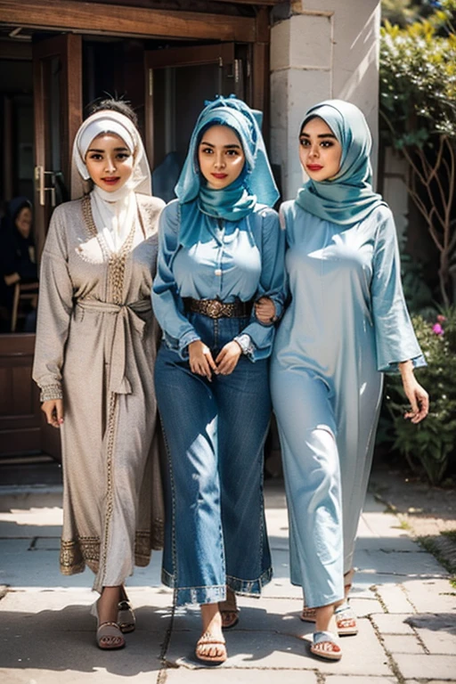 a group of 3 beautiful hijab-wearing muslim girls walking together, extremely detailed, beautiful detailed eyes, beautiful detailed lips, long eyelashes, intricate hijab designs, natural lighting, vibrant colors, detailed fabric textures, cinematic composition, 8k, photorealistic, masterpiece