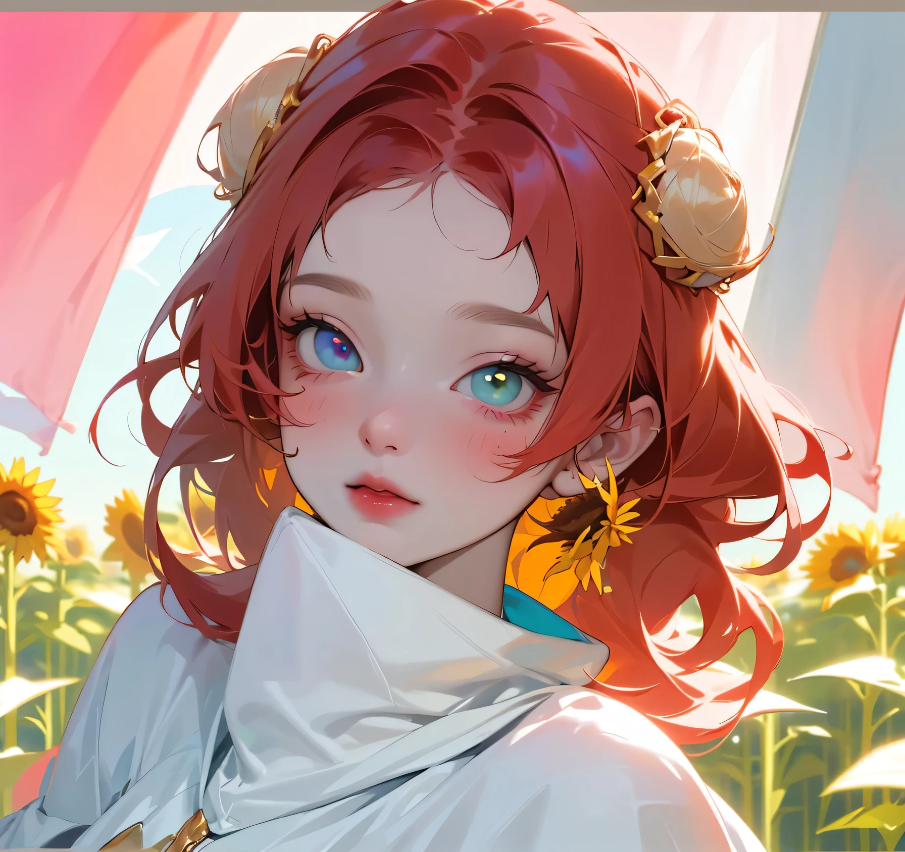(High quality) (best quality) (A woman) (correct physiognomy) (perfect pupils) (perfect eyes) woman, deep red hair, long tied in two buns with bangs on the forehead, eyes with heterochromia one colored eye light red and other eye with white color, sensitive lips, feminine appearance, soft facial features, thin eyebrows, soft skin, rosy cheeks, pink lips, silky eyelashes, dreamy expression, middle age, youthful clothing, sweatshirt, photo illuminated by light of the sun, woman in a field of sunflowers