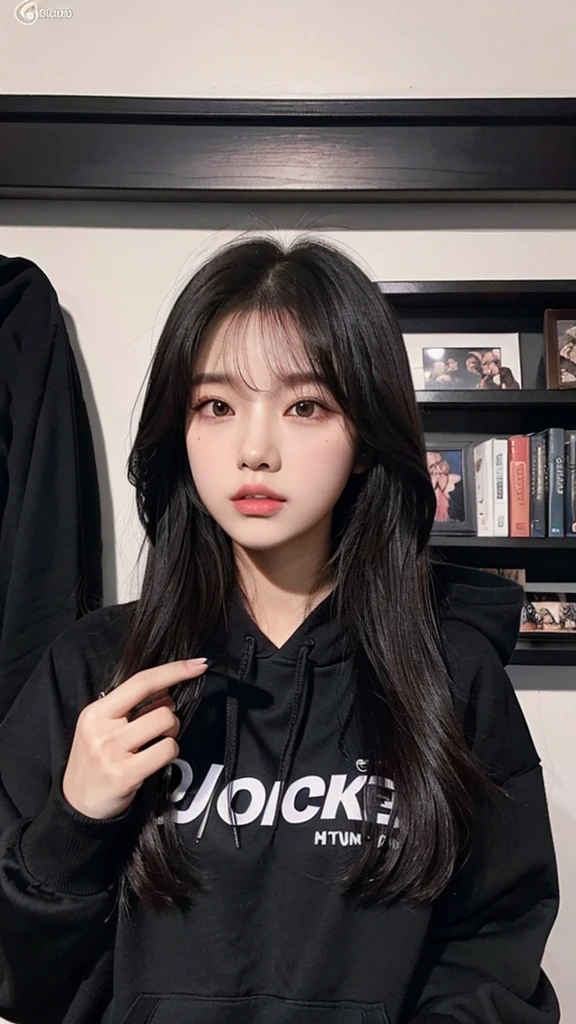 Long-haired Arafad woman wearing black hoodie, Portrait of a Korean female idol, guweiz style artwork, blackpink josie's portrait, jinyoung shin, Urzan, Minami Zaiwa, guweiz, kpop idol portrait, Brunette girl wearing hoodie, author:unbelievable, Li Zhien, Li Zhien,Long ponytail hairstyle,green hair and gray hair, Good-looking hair accessories, light green eyes,big eyes,Wearing red glasses,half rim glasses,
