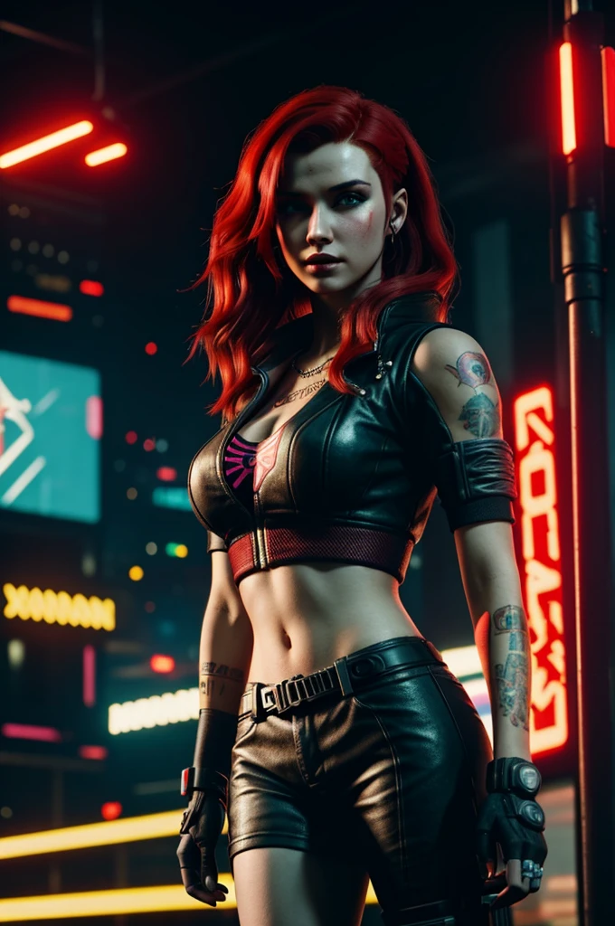 A girl with red hair and black makeup in the style of cyberpunk 2077 in a city of the future with red lighting